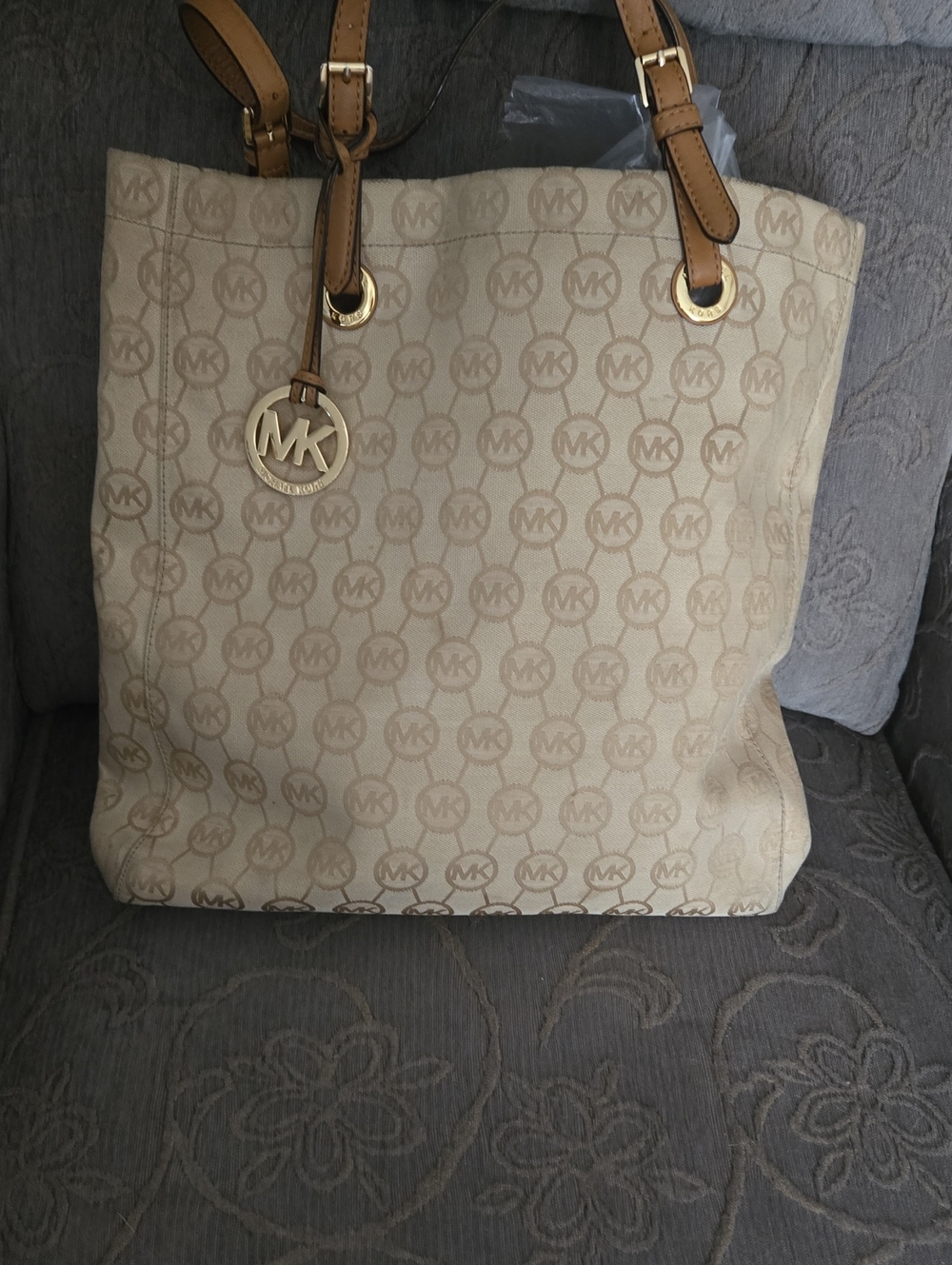 Michael Kors Cream Logo Tote with Tan Leather Straps